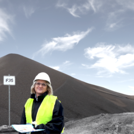 Das Bild zeigt eine Person mit weißem Schutzhelm und gelber Warnweste, die vor einem großen Kies- oder Schotterhaufen steht. Die Person hält Unterlagen oder Pläne in der Hand. Im Hintergrund ist ein teils bewölkter Himmel zu sehen.