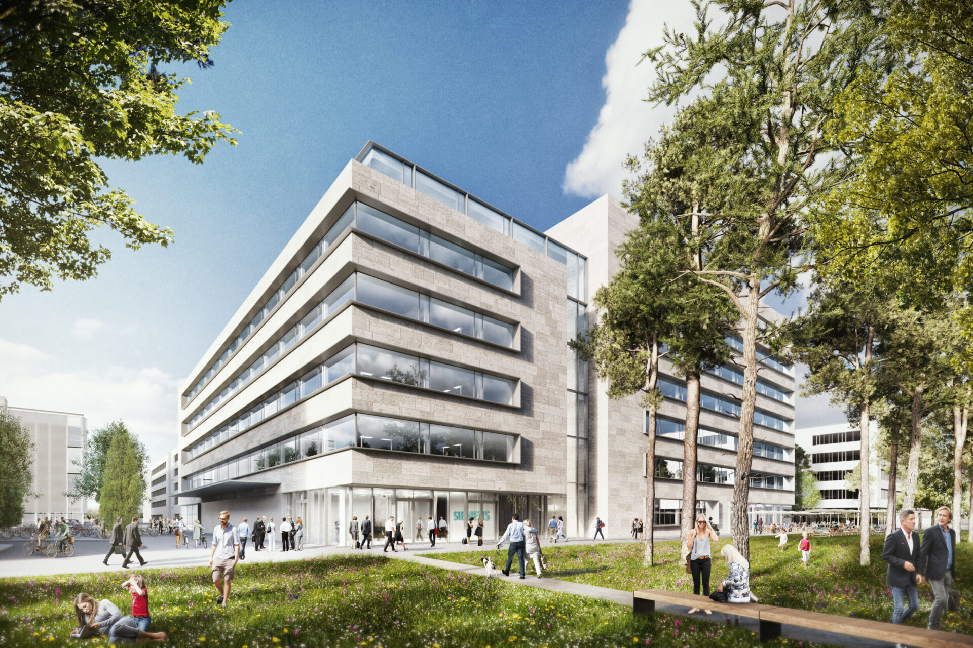 Das Bild zeigt ein modernes, mehrstöckiges Bürogebäude mit großen Glasfenstern und einer Fassade aus Beton. Um das Gebäude herum befindet sich eine gestaltete Grünfläche mit Rasen, Bäumen und Menschen, die spazieren gehen oder auf dem Gras sitzen. Der Himmel ist überwiegend klar mit einigen Wolken, was auf einen sonnigen Tag hinweist.