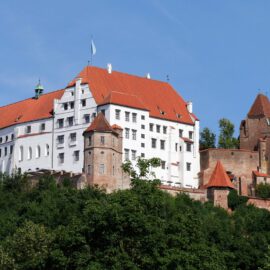 Das Bild zeigt ein großes, historisches Schloss auf einem bewaldeten Hügel. Das Gebäude hat weiße Fassaden, rote Ziegeldächer sowie mehrere Türme und Erker in rechteckiger und runder Form. Umgeben ist das Schloss von Bäumen, und der Himmel im Hintergrund ist klar und blau.