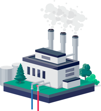 Das Bild zeigt eine Illustration eines Industriegebäudes mit drei hohen Schornsteinen, aus denen Rauch aufsteigt. Links befinden sich zwei zylindrische Lagertanks, rechts einige Bäume und Büsche. Vor dem Gebäude verlaufen zwei Rohre mit roten und blauen Ventilen, vermutlich für Warm- und Kaltwasser oder Gasleitungen.