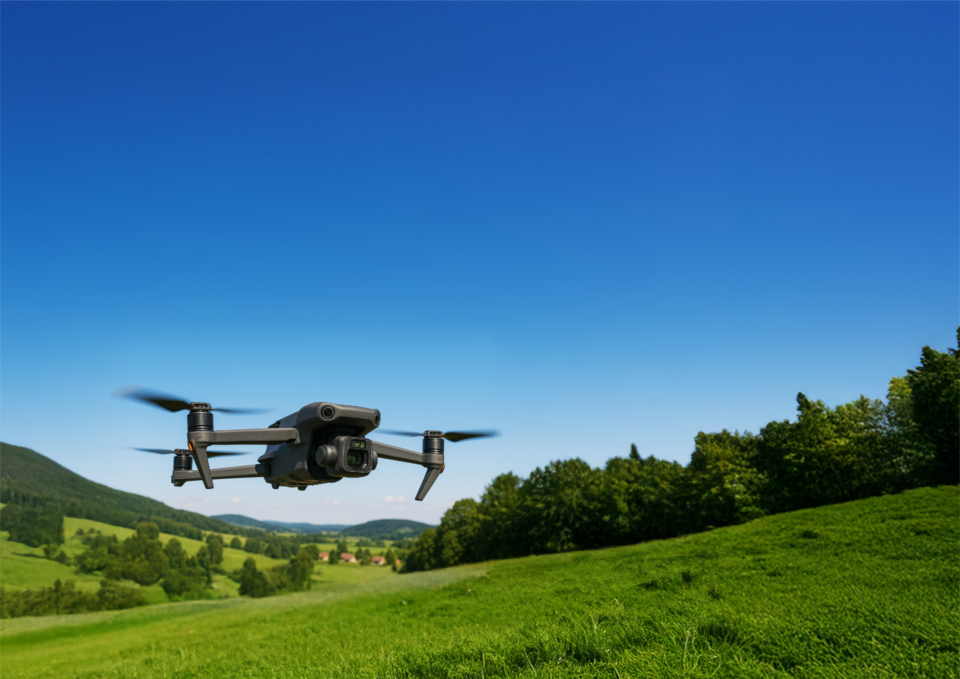 Eine Drohne fliegt über eine grüne Hügellandschaft mit Bäumen und Wiesen. Der Himmel ist klar und blau, was auf einen sonnigen Tag hinweist.