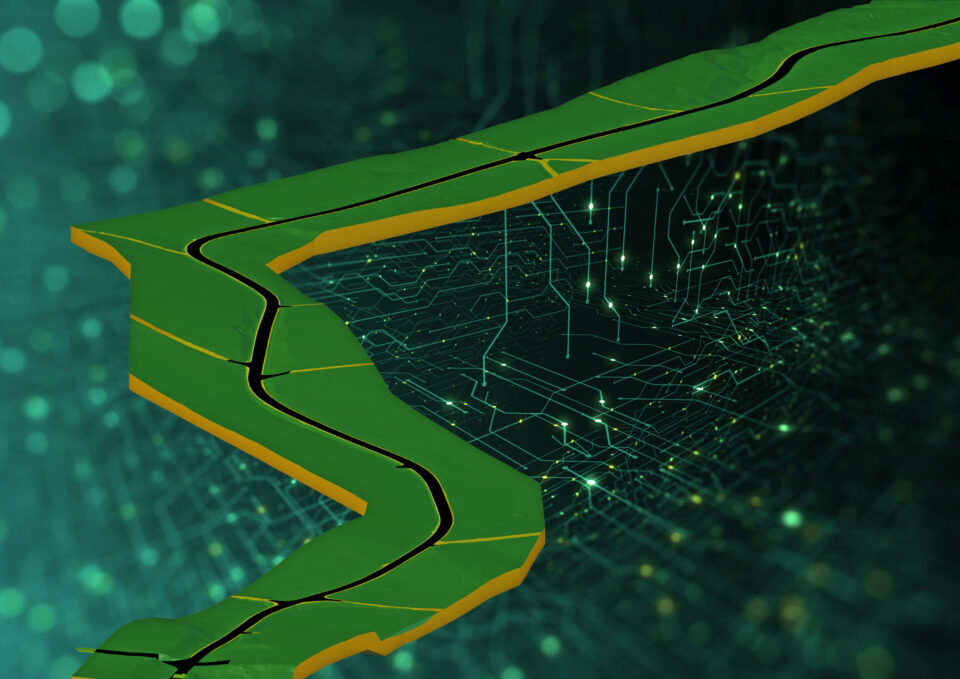 Das Bild zeigt eine 3D-Darstellung einer kurvigen Straße, die sich durch eine grüne Landschaft schlängelt. Die Straße ist in Schwarz dargestellt, während das umliegende Gelände in Grün- und Gelbtönen gehalten ist. Im Hintergrund ist eine digitale Leiterplatte mit leuchtenden Verbindungspunkten zu sehen.