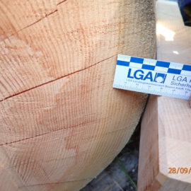 Das Bild zeigt eine Nahaufnahme eines Holzstücks mit sichtbaren Maserungen und Rissen. Eine Hand hält ein Lineal mit der Aufschrift LGA vor das Holz, um die Struktur zu vermessen. Unten rechts ist ein Datum eingeblendet.