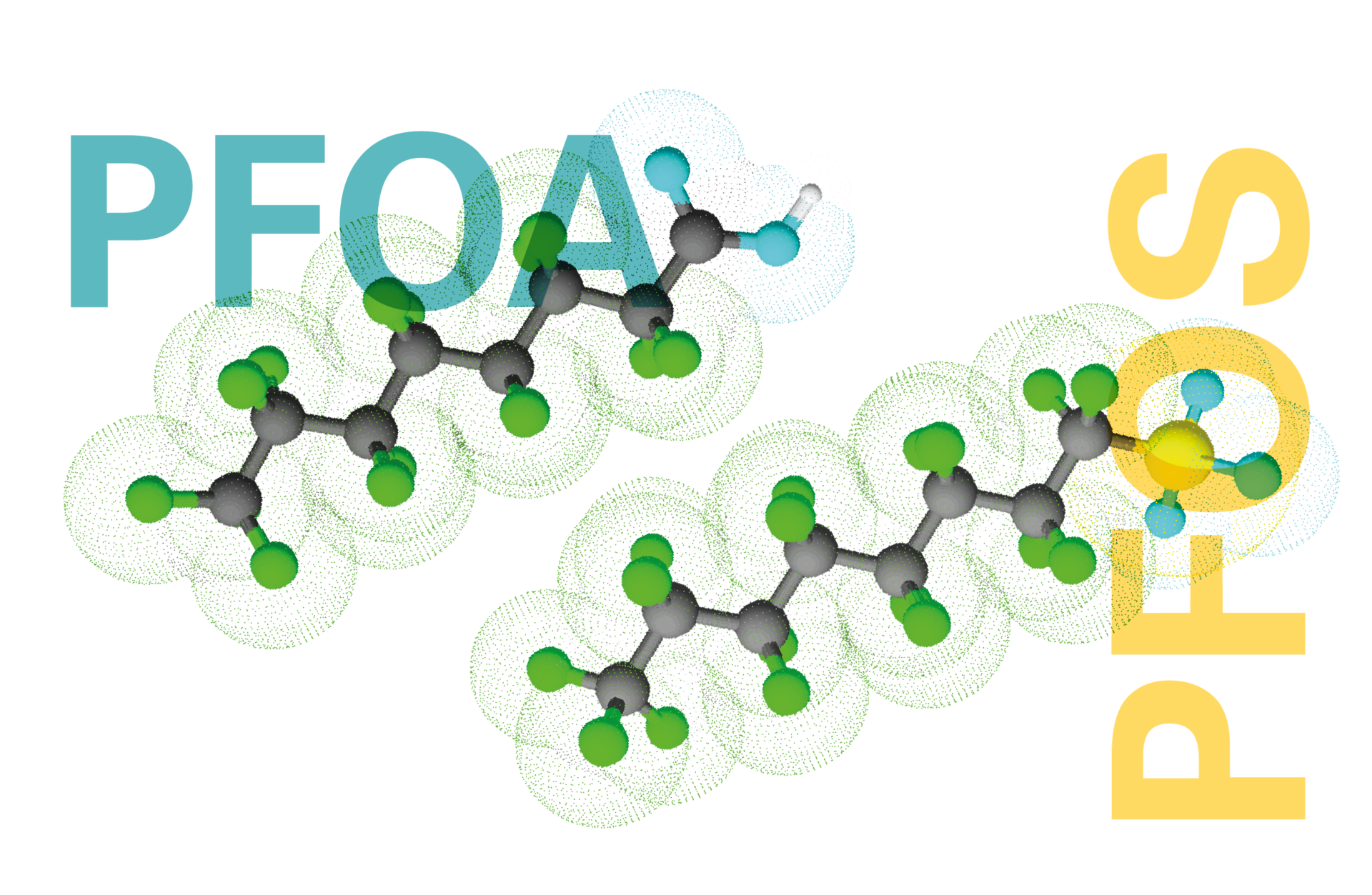 Das Bild zeigt zwei Molekülmodelle mit den Bezeichnungen „PFOA“ und „PFOS“. Die Modelle bestehen aus schwarzen, grünen und weißen Kugeln, die durch Linien verbunden sind und Atome sowie chemische Bindungen darstellen. Links steht „PFOA“ in großen blauen Buchstaben, rechts „PFOS“ in großen gelben Buchstaben.