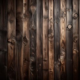 Das Bild zeigt eine Nahaufnahme einer Holzoberfläche, bestehend aus senkrecht verlaufenden Brettern. Das Holz hat eine dunkelbraune Farbe mit sichtbarer Maserung und einzelnen Astlöchern. Leichte Farbunterschiede zwischen den Brettern verleihen der Fläche eine natürliche und rustikale Struktur.