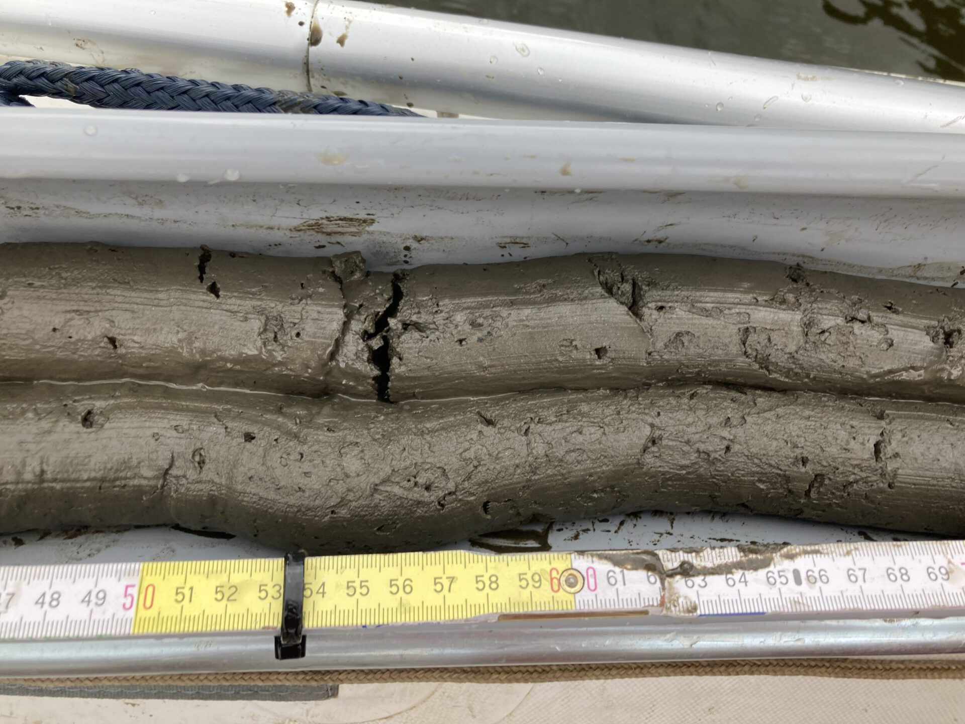 Das Bild zeigt eine Nahaufnahme eines Sedimentkerns aus grauem Schlamm oder Ton in einem zylindrischen Behälter. Unter dem Behälter liegt ein Maßband, das eine Länge des Kerns von etwa 45 bis 70 Zentimeter anzeigt.