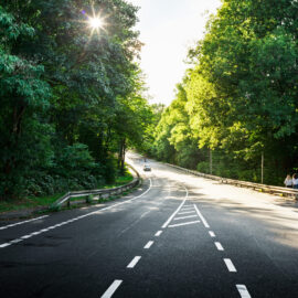 Das Bild zeigt eine mehrspurige Straße, die von dichtem grünen Baumbestand auf beiden Seiten gesäumt ist. Auf der linken Seite befindet sich ein markierter Fahrradstreifen, während die Straße leicht gebogen in die Ferne verläuft. Zwei Personen stehen am rechten Straßenrand in der Nähe einer Leitplanke.