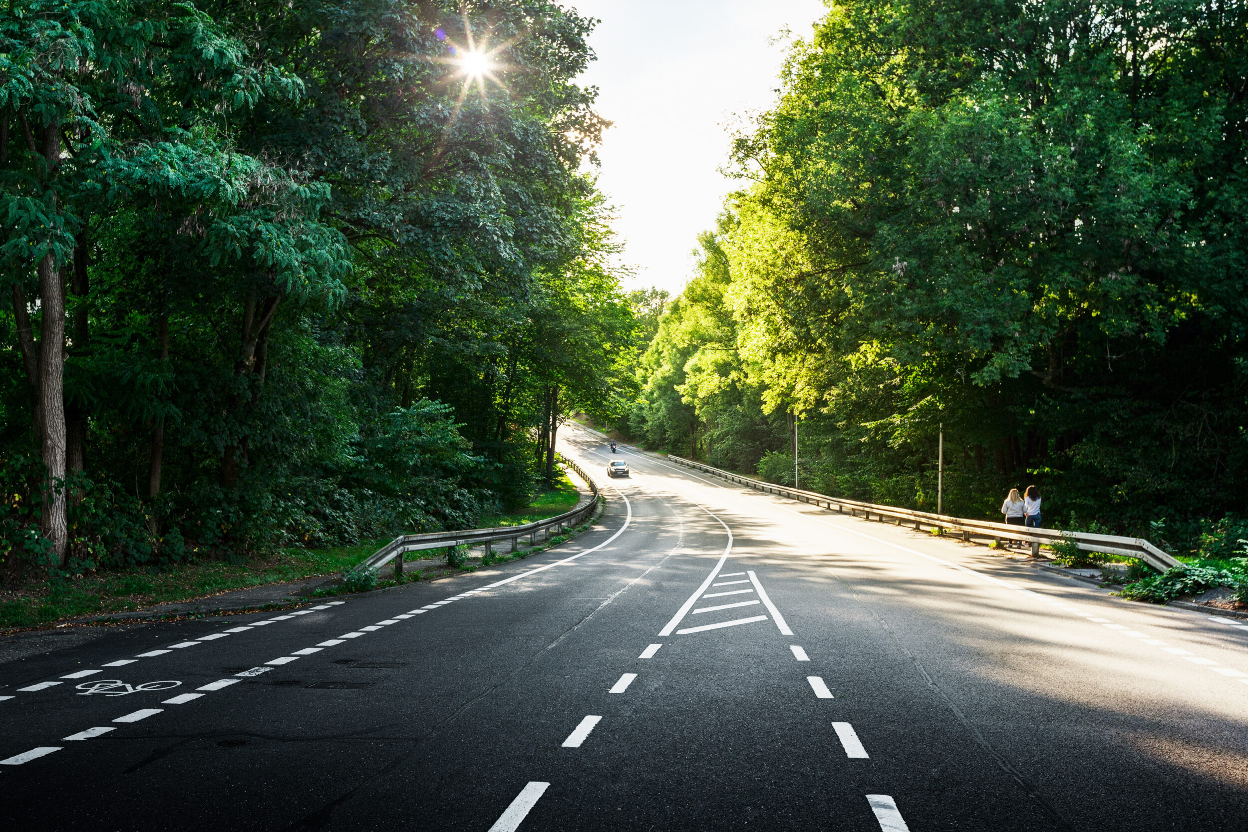 Das Bild zeigt eine mehrspurige Straße, die von dichtem grünen Baumbestand auf beiden Seiten gesäumt ist. Auf der linken Seite befindet sich ein markierter Fahrradstreifen, während die Straße leicht gebogen in die Ferne verläuft. Zwei Personen stehen am rechten Straßenrand in der Nähe einer Leitplanke.