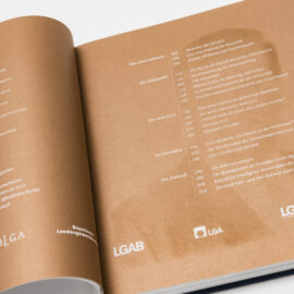 Das Bild zeigt ein aufgeschlagenes Buch mit bronzenen Seiten. Auf beiden Seiten ist ein Inhaltsverzeichnis mit mehreren Kapiteln und Seitenzahlen in deutscher Sprache zu sehen.