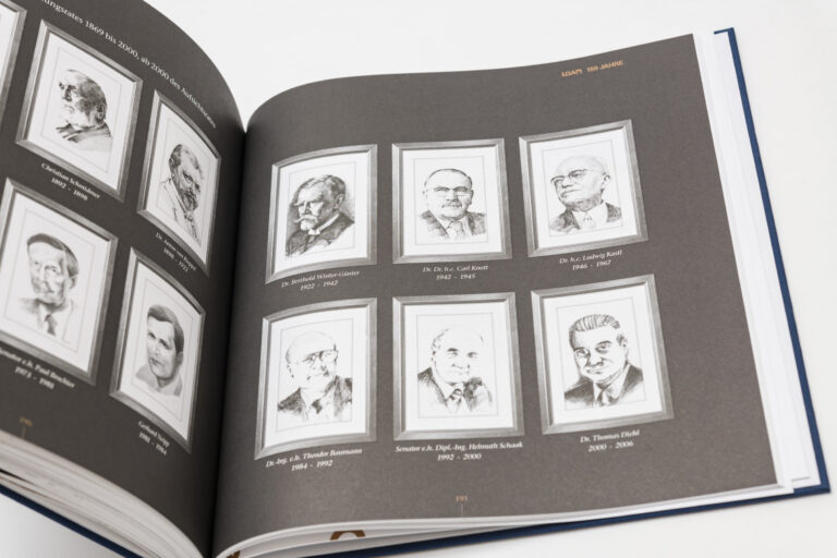 Das Bild zeigt ein geöffnetes Buch mit schwarz-weißen Porträtskizzen mehrerer Personen, angeordnet wie in einer Galerie. Unter jedem Porträt stehen Name und Amtszeiten der jeweiligen Person. Die Darstellung erinnert an eine Übersicht früherer Führungspersönlichkeiten.