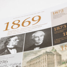 Das Bild zeigt eine historische Zeitleiste mit wichtigen Jahreszahlen und Ereignissen. Im Mittelpunkt steht das Jahr 1869 mit dem Hinweis auf die Gründung des „Bayerischen Gewerbemuseums“ durch Theodor Freiherr von Cramer-Klett und Lothar Freiherr von Faber. Weitere markante Daten sind unter anderem 1872, 1873–88, 1882 und 1896, jeweils mit Angaben zu Ausstellungen und dem Bau eines Museumsgebäudes. Zwei Porträts von Personen sind dargestellt.