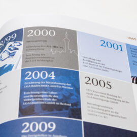 Das Bild zeigt eine Zeitleiste mit Ereignissen von 2000 bis 2006 im Zusammenhang mit der LGA und TÜV Rheinland. Aufgeführt sind unter anderem Gründungen von Tochtergesellschaften, internationale Expansionen sowie der Einstieg von TÜV Rheinland. Die Darstellung enthält Jahreszahlen mit zugehörigen Ereignisbeschreibungen in Textform.