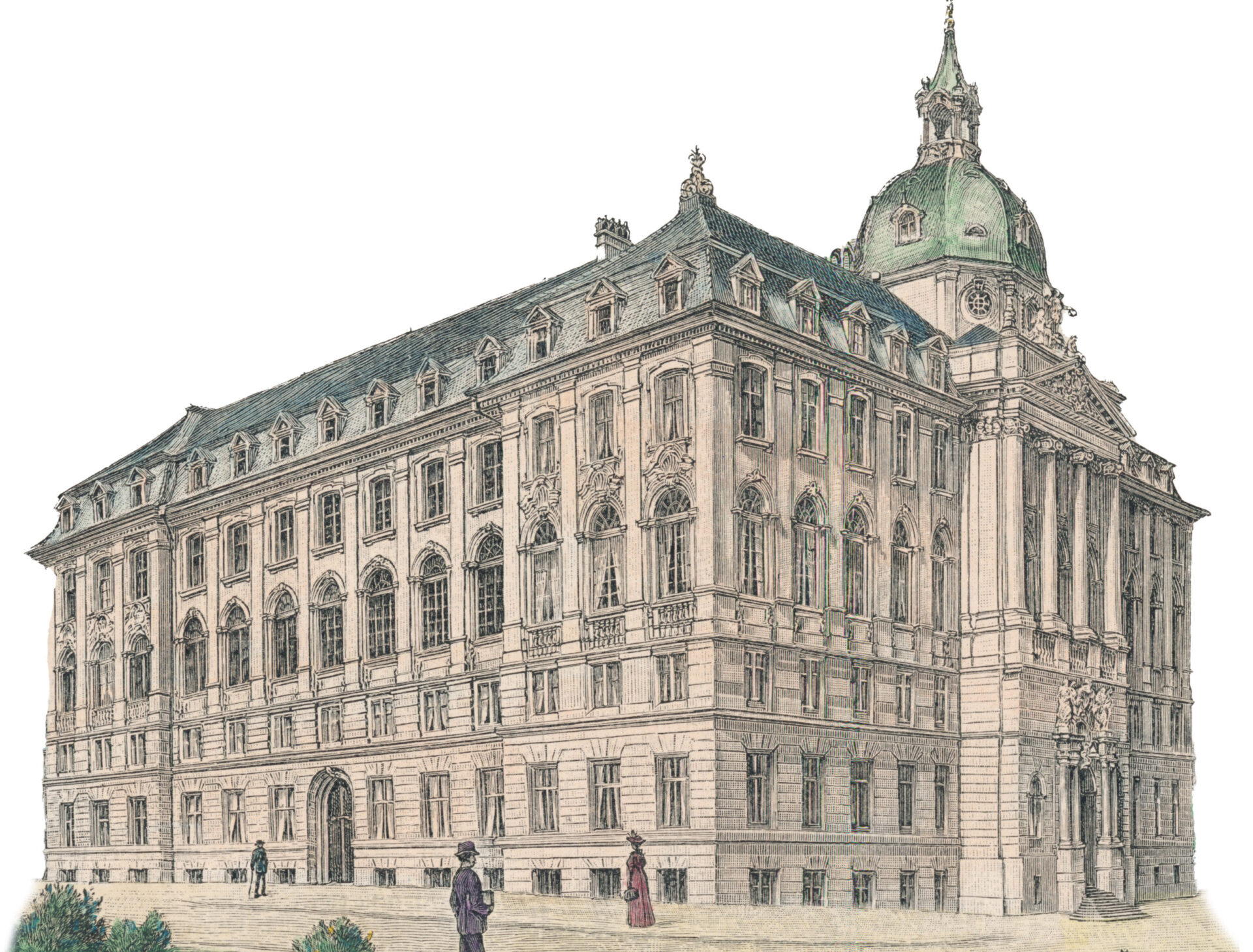 Architektonische Zeichnung des historischen Gewerbemuseums Nürnberg mit reich verzierter Fassade, zahlreichen Fenstern und einer markanten Kuppel an einer Ecke; einige Personen in historischer Kleidung sind um das Gebäude herum zu sehen.